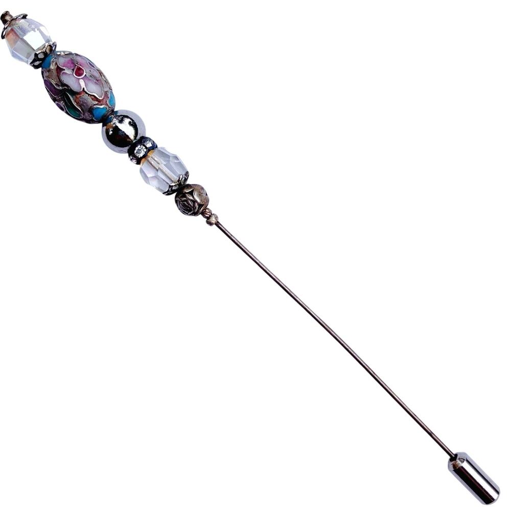 Vintage Mid Century Cloisonné Hat Pin AB Glass Beads Floral Stick Pin 1950s